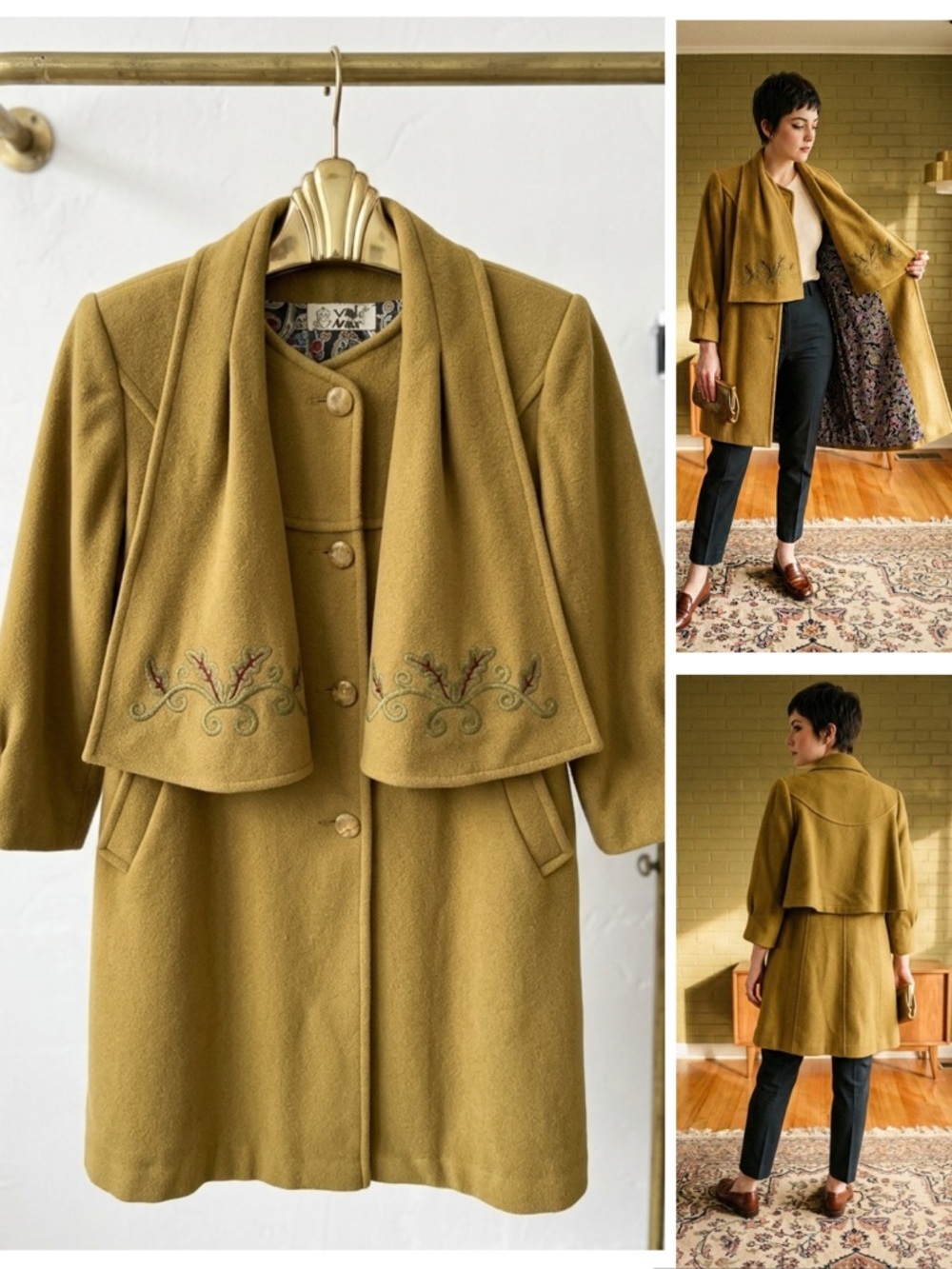 Vintage 60s Val & Max Italy Virgin Wool Cape Coat Moss Green Embroidered Mod Med